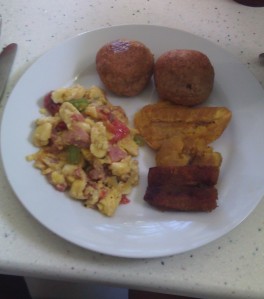 One of my favourite breakfast dishes: Ackee and Ham with fried dumplings and fried plantains